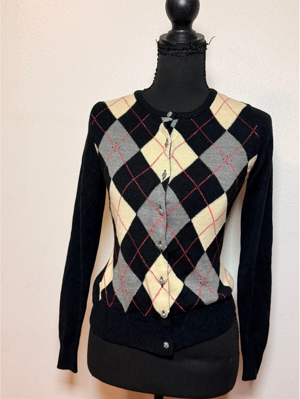 New York & Company Black Argyle Button Cardigan XS Fall